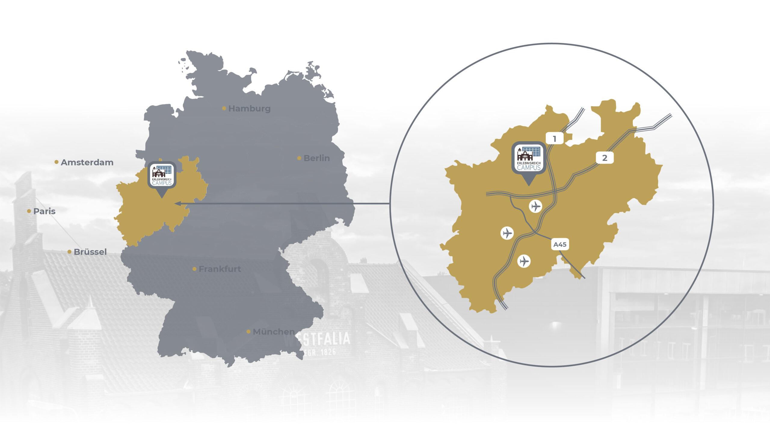 Karte von Deutschland mit markiertem Standort des Veranstaltungsorts Erlebnisreich Campus in NRW und vergrößerter Übersicht mit Autobahnen und Flughäfen.