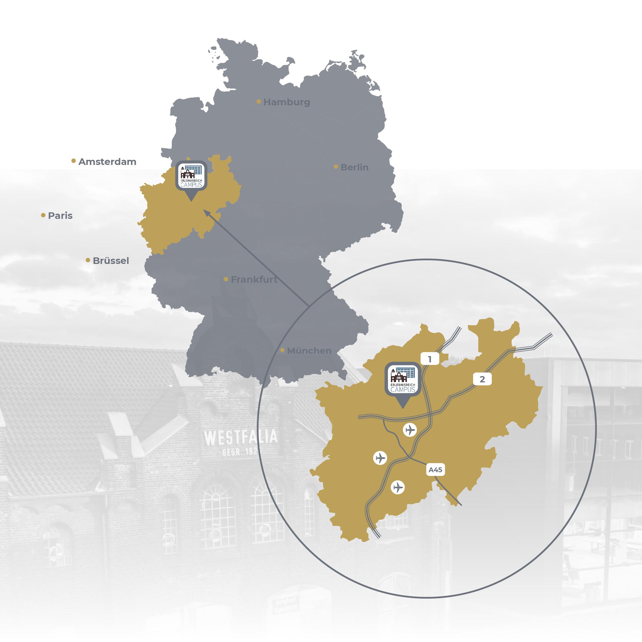 Karte von Deutschland mit markiertem Standort der Eventlocation am Erlebnisreich Campus in NRW und vergrößerter Übersicht mit Autobahnen und Flughäfen.