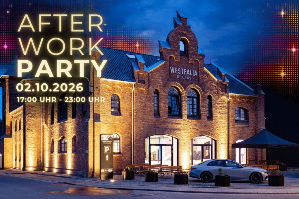 Beleuchtetes Gebäude des Erlebnisreich Campus am Abend mit Ankündigung zur After Work Party am 2. Oktober 2026.